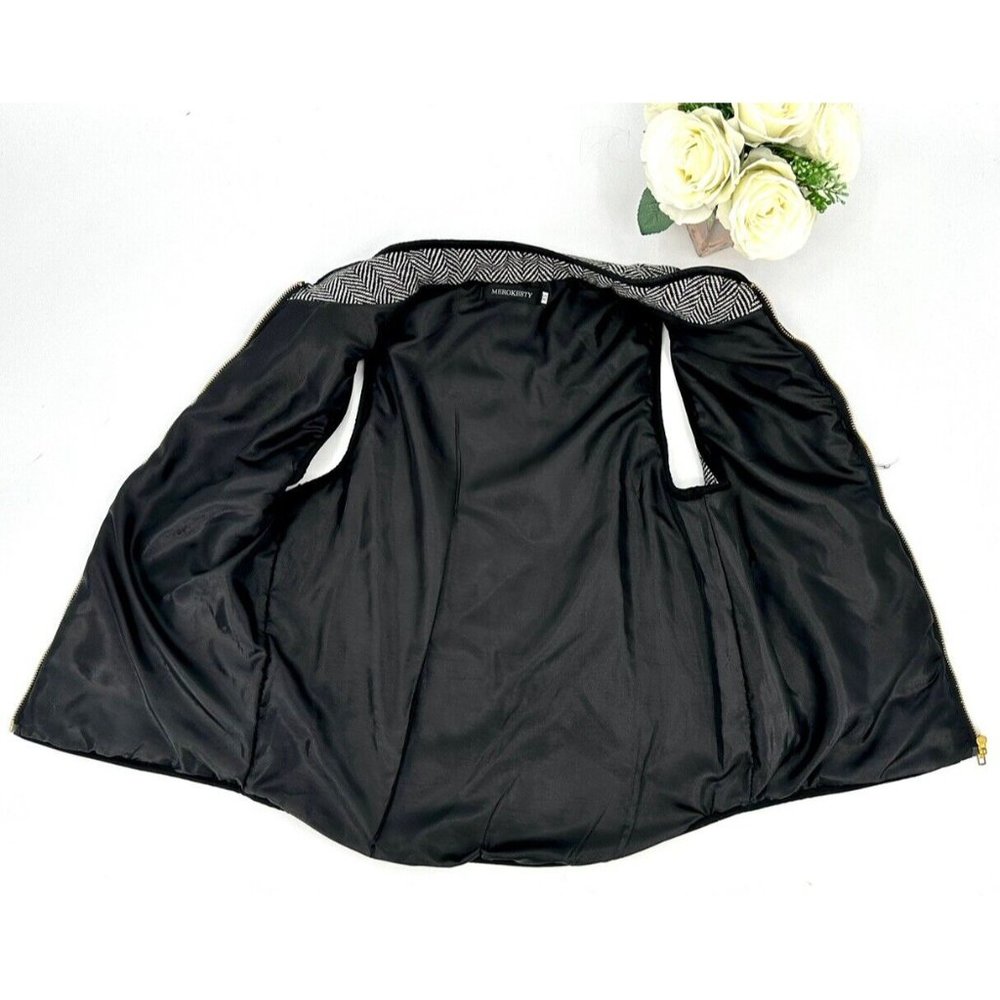 Merokeety Herringbone Quilted Vest Womens Size XS Black White Full Zip Pockets - Picture 9 of 10